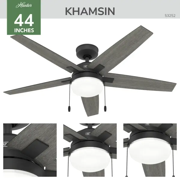 Built with our signature SureSpeed® Guarantee, Hunter's Khamsin ceiling fan is engineered to provide high-speed airflow you can feel—all while maintaining a quiet, wobble-free performance. The Khamsin's silver finish, clean lines and geometric design make it an elegant addition to any bedroom, den or home office, while the fan's smaller size means it pairs perfectly with your home's more intimate spaces. Built with our SureSpeed® Guarantee to deliver faster airflow you can feel WhisperWind® whisper-quiet motor. Rated for indoor use only 2 bulbs included AIRFLOW YOU FEEL: Built with our SureSpeed® Guarantee to deliver over 33% higher air velocity than leading competitors* while maintaining quiet, wobble-free performance. WHISPER-QUIET MOTOR: 3-speed, WhisperWind® reversible motor for optimal performance in summer and winter. INDOOR FANS: Great for bedrooms, offices and great rooms. Make sure you get the right size for the best cooling efficiency. SMALL ROOM FAN: Ideal size for home offices, laundry rooms, and bedrooms. STANDARD PROFILE MOUNTING: 3 inch downrod included. 140 YEARS OF QUALITY: Cutting-edge technology, American engineered, and ETL/UL tested for the highest safety standards — All backed by a limited lifetime motor warranty for peace of mind. COMPATIBLE ACCESSORIES: Works with Hunter and Casablanca accessories, not including Hunter Original® accessories. WARRANTY: Limited Lifetime Motor Warranty backed by the only company with over 140 years in the fan business. *Based on testing conducted January 2023 comparing the average high-speed airflow velocity of Hunter SureSpeed ceiling fans and the best-selling online models for leading competitors. - alternate view