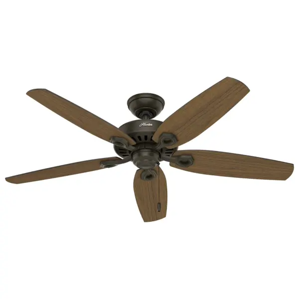 With a 52-inch blade span and multiple finishes to choose from, the casual, traditional style of the Builder Elite will complement your outdoor space without overpowering it. Perfect for any room or covered space exposed to moisture and humidity, this damp-rated fan is a great addition to your patio or sunroom oasis. A mainstay in the Hunter® product line, these outdoor ceiling fans without lights feature three-speed WhisperWind® motor technology to deliver quiet and ultra-powerful performance. WhisperWind® whisper-quiet motor. Damp-rated for covered outdoor spaces No light kit or bulbs included Pull chains included WHISPER-QUIET MOTOR: 3-speed, WhisperWind® reversible motor for optimal performance in summer and winter. DAMP-RATED: A great option for covered patios, screened porches, and other areas that are not directly exposed to rain, snow, water, or moisture. DROOP-FREE BLADES: Made from durable materials to ensure no blade drooping LARGE ROOM FAN: Ideal size for spaces like living rooms and bedrooms. STANDARD PROFILE MOUNTING: 3 inch downrod included. 140 YEARS OF QUALITY: Cutting-edge technology, American engineered, and ETL/UL tested for the highest safety standards — All backed by a limited lifetime motor warranty for peace of mind. COMPATIBLE ACCESSORIES: Works with Hunter and Casablanca accessories, not including Hunter Original® accessories. WARRANTY: Limited Lifetime Motor Warranty backed by the only company with over 140 years in the fan business. - alternate view