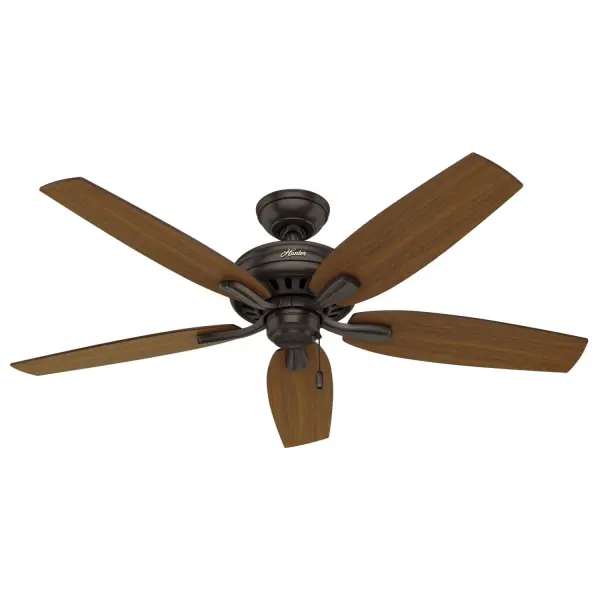 With its charming appearance, the Newsome outdoor ceiling fan without light will complement your casual design style. The clean line details throughout the fan body and blade irons work together to create a coherent design that will fit any standard or large room space. With stainless steel hardware, this damp-rated fan was built to withstand the elements making it perfect for areas exposed to moisture and humidity like your outdoor sunroom or patio. The 52-inch blades of the Newsome traditional fan are powered by a three-speed WhisperWind® motor delivering superior air movement and whisper-quiet performance so you get all the cooling power you want without the noise. The Newsome Collection offers you the freedom to choose from many different sizes, light kits, and other options to maintain a consistent look throughout every room in your home. WhisperWind® whisper-quiet motor. Damp-rated for covered outdoor spaces No light kit or bulbs included Pull chains included WHISPER-QUIET MOTOR: 3-speed, WhisperWind® reversible motor for optimal performance in summer and winter. DAMP-RATED: A great option for covered patios, screened porches, and other areas that are not directly exposed to rain, snow, water, or moisture. DROOP-FREE BLADES: Made from durable materials to ensure no blade drooping LARGE ROOM FAN: Ideal size for spaces like living rooms and bedrooms. STANDARD PROFILE MOUNTING: 3 inch downrod included. 140 YEARS OF QUALITY: Cutting-edge technology, American engineered, and ETL/UL tested for the highest safety standards — All backed by a limited lifetime motor warranty for peace of mind. COMPATIBLE ACCESSORIES: Works with Hunter and Casablanca accessories, not including Hunter Original® accessories. WARRANTY: Limited Lifetime Motor Warranty backed by the only company with over 140 years in the fan business. - alternate view