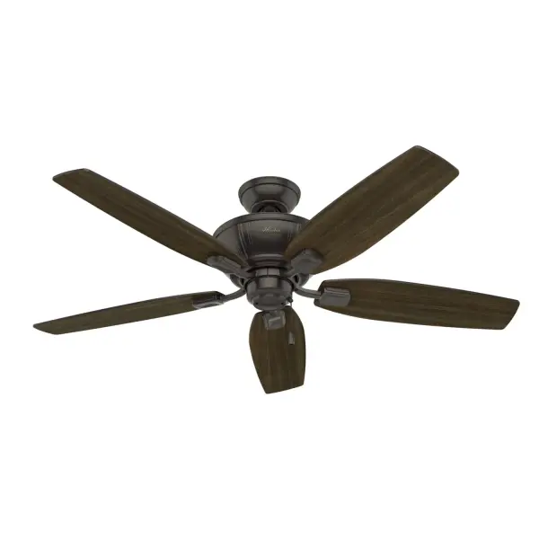 The Kenbridge ceiling fan features a unique, more compact design that takes up less space in your rustic-style room. With an option to install with or without lights, the Kenbridge includes high-efficiency LED bulbs so you can light any large room in your home. This rustic ceiling fan features reversible blades powered by a three-speed WhisperWind® motor to deliver ultra-powerful air movement with whisper-quiet performance. WhisperWind® whisper-quiet motor. Rated for indoor use only 3 bulbs included Pull chains included WHISPER-QUIET MOTOR: 3-speed, WhisperWind® reversible motor for optimal performance in summer and winter. INDOOR FANS: Great for bedrooms, offices and great rooms. Make sure you get the right size for the best cooling efficiency. LARGE ROOM FAN: Ideal size for spaces like living rooms and bedrooms. STANDARD PROFILE MOUNTING: 3 inch downrod included. 140 YEARS OF QUALITY: Cutting-edge technology, American engineered, and ETL/UL tested for the highest safety standards — All backed by a limited lifetime motor warranty for peace of mind. COMPATIBLE ACCESSORIES: Works with Hunter and Casablanca accessories, not including Hunter Original® accessories. WARRANTY: Limited Lifetime Motor Warranty backed by the only company with over 140 years in the fan business. - alternate view