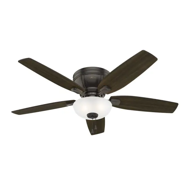 The Kenbridge ceiling fan features a unique, more compact design that takes up less space in your rustic-style room. With an option to install with or without lights, the Kenbridge low-profile fan includes high-efficiency LED bulbs lighting up any large room with low ceilings in your home. This rustic ceiling fan features reversible blades powered by a three-speed WhisperWind® motor to deliver ultra-powerful air movement with whisper-quiet performance. WhisperWind® whisper-quiet motor. Rated for indoor use only 3 bulbs included Pull chains included WHISPER-QUIET MOTOR: 3-speed, WhisperWind® reversible motor for optimal performance in summer and winter. INDOOR FANS: Great for bedrooms, offices and great rooms. Make sure you get the right size for the best cooling efficiency. LARGE ROOM FAN: Ideal size for spaces like living rooms and bedrooms. LOW PROFILE MOUNTING: Designed to fit flush against ceilings less than 9 feet high. 140 YEARS OF QUALITY: Cutting-edge technology, American engineered, and ETL/UL tested for the highest safety standards — All backed by a limited lifetime motor warranty for peace of mind. COMPATIBLE ACCESSORIES: Works with Hunter and Casablanca accessories, not including Hunter Original® accessories WARRANTY: Limited Lifetime Motor Warranty backed by the only company with over 140 years in the fan business