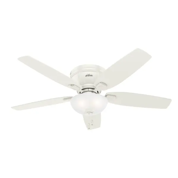 The Kenbridge ceiling fan features a unique, more compact design that takes up less space in your rustic-style room. With an option to install with or without lights, the Kenbridge low-profile fan includes high-efficiency LED bulbs lighting up any large room with low ceilings in your home. This rustic ceiling fan features reversible blades powered by a three-speed WhisperWind® motor to deliver ultra-powerful air movement with whisper-quiet performance. WhisperWind® whisper-quiet motor. Rated for indoor use only 3 bulbs included Pull chains included WHISPER-QUIET MOTOR: 3-speed, WhisperWind® reversible motor for optimal performance in summer and winter. INDOOR FANS: Great for bedrooms, offices and great rooms. Make sure you get the right size for the best cooling efficiency. LARGE ROOM FAN: Ideal size for spaces like living rooms and bedrooms. LOW PROFILE MOUNTING: Designed to fit flush against ceilings less than 9 feet high. 140 YEARS OF QUALITY: Cutting-edge technology, American engineered, and ETL/UL tested for the highest safety standards — All backed by a limited lifetime motor warranty for peace of mind. COMPATIBLE ACCESSORIES: Works with Hunter and Casablanca accessories, not including Hunter Original® accessories WARRANTY: Limited Lifetime Motor Warranty backed by the only company with over 140 years in the fan business - alternate view
