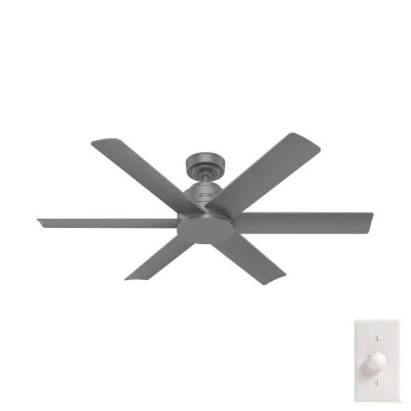 The Kennicott is patio perfect. Damp-rated and built with our SureSpeed® Guarantee, this outdoor ceiling fan is engineered to keep things cool and stylish in your large covered patios year after year. Its modern ceiling fan design is inspired by sleek elements in the electronic industry and gives your space an instant upgrade. Built with our SureSpeed® Guarantee to deliver faster airflow you can feel Installation made easy with Hunter's 3D InterActive Guide. Damp-rated for covered outdoor spaces No light kit or bulbs included AIRFLOW YOU FEEL: Built with our SureSpeed® Guarantee to deliver over 33% higher air velocity than leading competitors* while maintaining quiet, wobble-free performance. DIGITAL MANUAL: Installation made easy with Hunter's 3D InterActive Guide—just scan the QR code for quick setup. WHISPER-QUIET MOTOR: 3-speed, WhisperWind® reversible motor for optimal performance in summer and winter. EASY CONTROL FUNCTION: Use the control to adjust the fan speed. DROOP-FREE BLADES: Made from durable materials to ensure no blade drooping LARGE ROOM FAN: Ideal size for spaces like living rooms and bedrooms. STANDARD PROFILE MOUNTING: 4 inch downrod included. DAMP-RATED: A great option for covered patios, screened porches, and other areas that are not directly exposed to rain, snow, water, or moisture. 140 YEARS OF QUALITY: Cutting-edge technology, American engineered, and ETL/UL tested for the highest safety standards — All backed by a limited lifetime motor warranty for peace of mind. COMPATIBLE ACCESSORIES: Works with Hunter and Casablanca accessories, not including Hunter Original® accessories WARRANTY: Limited Lifetime Motor Warranty backed by the only company with over 140 years in the fan business *Based on testing conducted January 2023 comparing the average high-speed airflow velocity of Hunter SureSpeed ceiling fans and the best-selling online models for leading competitors. - alternate view