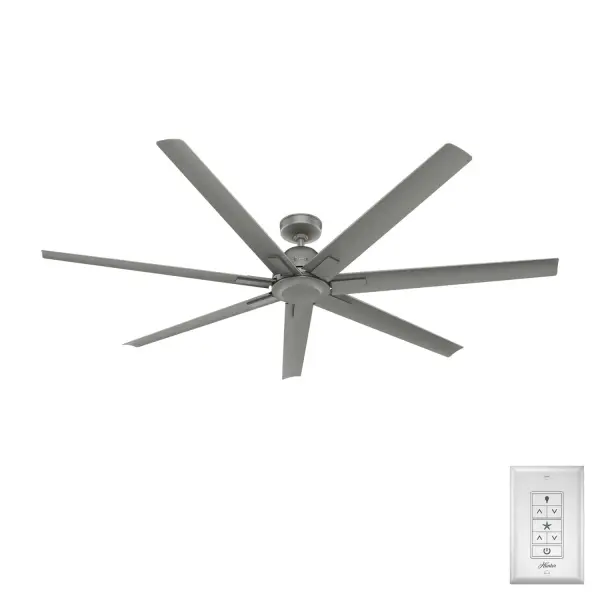 Create a focal point. With its sleek finishes and spanning blades, the 72-inch Downtown ceiling fan commands attention in your large indoor and outdoor spaces. This ceiling fan combines modern and industrial styles to form an unforgettable fixture. Plus, its clean design makes it the perfect addition to all your spaces – regardless of their style. Built with our SureSpeed® Guarantee to deliver faster airflow you can feel Hunter's ENERGY STAR® certified ceiling fans are 64% more energy efficient.* Damp-rated for covered outdoor spaces No light kit or bulbs included AIRFLOW YOU FEEL: Built with our SureSpeed® Guarantee to deliver over 33% higher air velocity than leading competitors* while maintaining quiet, wobble-free performance. ENERGY EFFICIENT: Hunter's ENERGY STAR® certified ceiling fans are 64% more efficient on average than conventional fans* while helping you save you money on cooling costs. DROOP-FREE BLADES: Made from durable materials to ensure no blade drooping REVERSIBLE MOTOR: Our 6-speed Eco Whisper DC motor provides the ultimate in efficient and quiet operation. DAMP-RATED: A great option for covered patios, screened porches, and other areas that are not directly exposed to rain, snow, water, or moisture. EASY CONTROL FUNCTION: Use the control to adjust the fan speed. WHISPER-QUIET MOTOR: 6-speed, DC reversible motor for optimal performance in summer and winter. STANDARD PROFILE MOUNTING: 3 inch downrod included. 140 YEARS OF QUALITY: Cutting-edge technology, American engineered, and ETL/UL tested for the highest safety standards — All backed by a limited lifetime motor warranty for peace of mind. COMPATIBLE ACCESSORIES: Works with Hunter and Casablanca accessories, not including Hunter Original® accessories WARRANTY: Limited Lifetime Motor Warranty backed by the only company with over 135 years in the fan business *Based on testing conducted January 2023 comparing the average high-speed airflow velocity of Hunter SureSpeed ceiling fans and the best-selling online models for leading competitors.
