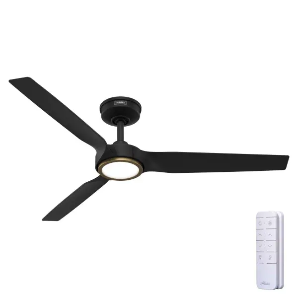 With its bold 3-blade profile and 52-inch span, the ZenTech ceiling fan brings powerful airflow and modern style to both indoor and covered outdoor spaces. Designed with our most compact DC motor, it runs whisper-quiet while delivering efficient, high-velocity cooling—perfect for larger rooms. Integrated TrueLight™ LED technology offers 10 levels of brightness and 10 color temperatures, giving you total control over your lighting environment. ENERGY STAR® certified and backed by our SureSpeed® Guarantee, ZenTech is built for performance and engineered for energy savings. Add in smart home compatibility, a handheld remote, and simple installation, and you've got a fan that's as effortless as it is effective. HunterSMART™ technology for easy smart home integration. Built with our SureSpeed® Guarantee to deliver faster airflow you can feel. TrueLight™ technology ensures a bright balance of clear and welcoming light, any time, in every room. Our 6-speed DC motor delivers efficient and quiet performance. SMART HOME FAN: HunterSMART™ (formerly SIMPLEconnect®) offers Wi-Fi capabilities, seamlessly integrating with smart home systems like Apple HomeKit, Google Home, and Amazon Alexa. AIRFLOW YOU FEEL: Built with our SureSpeed® Guarantee, this fan delivers high airflow velocity while maintaining quiet, wobble-free performance. CLEARLY BRIGHTER: TrueLight™ and adjustable LED combine to fully brighten any space with 10 levels of light and 10 color temperatures for even coverage. REVERSIBLE MOTOR: Our 6-speed DC motor provides the ultimate in efficient and quiet operation. DAMP-RATED: A great option for covered patios, screened porches, and other areas that are not directly exposed to rain, snow, water, or moisture. CUSTOMIZE YOUR LOOK: Includes a no light cap for a streamlined style and both finish specific (black or white) and Luxe Gold trim rings so you can match your fan to your space. EASY REMOTE FUNCTION: Use the control to adjust the fan speed, dim the light, and reverse the motor seasonally. LARGE ROOM FAN: Ideal size for spaces like living rooms and bedrooms. 140 YEARS OF QUALITY: Cutting-edge technology, American engineered, and ETL/UL tested for the highest safety standards — All backed by a limited lifetime motor warranty for peace of mind. *Based on testing conducted January 2023 comparing the average high-speed airflow velocity of Hunter SureSpeed ceiling fans and the best-selling online models for leading competitors. - alternate view