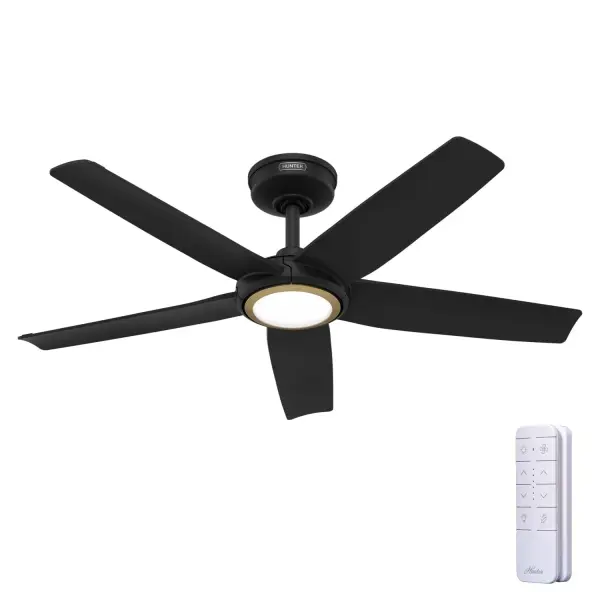 The 44-inch ZenTech ceiling fan features a clean 5-blade design that blends modern minimalism with powerful, whisper-quiet performance—perfect for indoor and covered outdoor spaces. Driven by our slimmest DC motor, it delivers strong, energy-efficient airflow tailored for smaller rooms. ZenTech's TrueLight™ LED system gives you full control with 10 brightness levels and 10 color temperatures for balanced, customizable lighting. Backed by our SureSpeed® Guarantee and ENERGY STAR® certified, this fan offers high-velocity cooling without the noise. With smart home compatibility, a handheld remote, and quick installation, ZenTech is the smart choice for comfort and style. HunterSMART™ technology for easy smart home integration. Built with our SureSpeed® Guarantee to deliver faster airflow you can feel. TrueLight™ technology ensures a bright balance of clear and welcoming light, any time, in every room. Our 6-speed DC motor delivers efficient and quiet performance. SMART HOME FAN: HunterSMART™ (formerly SIMPLEconnect®) offers Wi-Fi capabilities, seamlessly integrating with smart home systems like Apple HomeKit, Google Home, and Amazon Alexa. AIRFLOW YOU FEEL: Built with our SureSpeed® Guarantee, this fan delivers high airflow velocity while maintaining quiet, wobble-free performance. CLEARLY BRIGHTER: TrueLight™ and adjustable LED combine to fully brighten any space with 10 levels of light and 10 color temperatures for even coverage. REVERSIBLE MOTOR: Our 6-speed DC motor provides the ultimate in efficient and quiet operation. DAMP-RATED: A great option for covered patios, screened porches, and other areas that are not directly exposed to rain, snow, water, or moisture. CUSTOMIZE YOUR LOOK: Includes a no light cap for a streamlined style and both finish specific (black or white) and Luxe Gold trim rings so you can match your fan to your space. EASY REMOTE FUNCTION: Use the control to adjust the fan speed, dim the light, and reverse the motor seasonally. LARGE ROOM FAN: Ideal size for spaces like living rooms and bedrooms. 140 YEARS OF QUALITY: Cutting-edge technology, American engineered, and ETL/UL tested for the highest safety standards — All backed by a limited lifetime motor warranty for peace of mind. *Based on testing conducted January 2023 comparing the average high-speed airflow velocity of Hunter SureSpeed ceiling fans and the best-selling online models for leading competitors. - alternate view