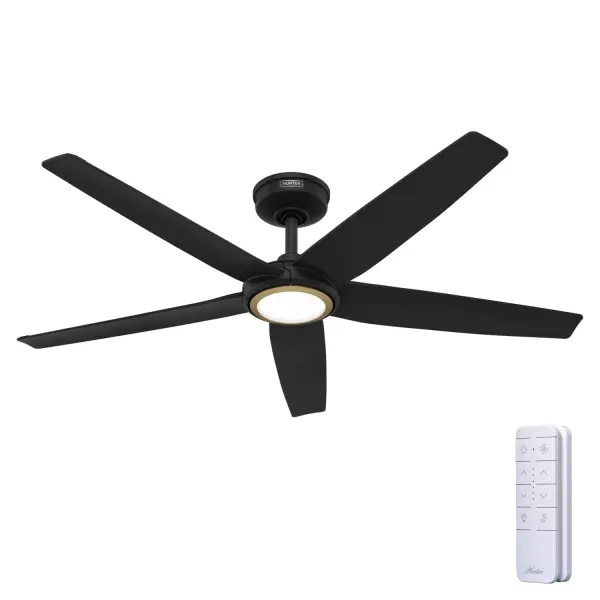 Zen-inspired and performance-driven, the 52-inch ZenTech ceiling fan features a clean five-blade design that brings modern sophistication and quiet power to indoor and covered outdoor spaces. Its ultra-slim DC motor delivers high-velocity airflow with whisper-quiet efficiency—ideal for medium to large rooms. The integrated TrueLight™ LED system offers 10 brightness levels and 10 color temperature options for customizable, balanced lighting. Backed by our SureSpeed® Guarantee and ENERGY STAR® certified, ZenTech is built for lasting performance. With smart home compatibility, an included handheld remote, and easy installation, this fan is the perfect blend of style, innovation, and comfort. HunterSMART™ technology for easy smart home integration. Built with our SureSpeed® Guarantee to deliver faster airflow you can feel. TrueLight™ technology ensures a bright balance of clear and welcoming light, any time, in every room. Our 6-speed DC motor delivers efficient and quiet performance. SMART HOME FAN: HunterSMART™ (formerly SIMPLEconnect®) offers Wi-Fi capabilities, seamlessly integrating with smart home systems like Apple HomeKit, Google Home, and Amazon Alexa. AIRFLOW YOU FEEL: Built with our SureSpeed® Guarantee, this fan delivers high airflow velocity while maintaining quiet, wobble-free performance. CLEARLY BRIGHTER: TrueLight™ and adjustable LED combine to fully brighten any space with 10 levels of light and 10 color temperatures for even coverage. REVERSIBLE MOTOR: Our 6-speed DC motor provides the ultimate in efficient and quiet operation. DAMP-RATED: A great option for covered patios, screened porches, and other areas that are not directly exposed to rain, snow, water, or moisture. CUSTOMIZE YOUR LOOK: Includes a no light cap for a streamlined style and both finish specific (black or white) and Luxe Gold trim rings so you can match your fan to your space. EASY REMOTE FUNCTION: Use the control to adjust the fan speed, dim the light, and reverse the motor seasonally. LARGE ROOM FAN: Ideal size for spaces like living rooms and bedrooms. 140 YEARS OF QUALITY: Cutting-edge technology, American engineered, and ETL/UL tested for the highest safety standards — All backed by a limited lifetime motor warranty for peace of mind. *Based on testing conducted January 2023 comparing the average high-speed airflow velocity of Hunter SureSpeed ceiling fans and the best-selling online models for leading competitors.