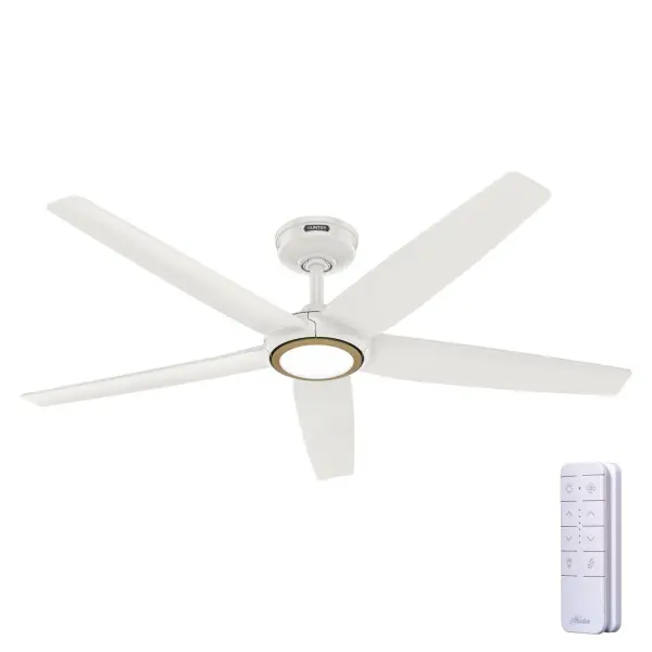 Zen-inspired and performance-driven, the 52-inch ZenTech ceiling fan features a clean five-blade design that brings modern sophistication and quiet power to indoor and covered outdoor spaces. Its ultra-slim DC motor delivers high-velocity airflow with whisper-quiet efficiency—ideal for medium to large rooms. The integrated TrueLight™ LED system offers 10 brightness levels and 10 color temperature options for customizable, balanced lighting. Backed by our SureSpeed® Guarantee and ENERGY STAR® certified, ZenTech is built for lasting performance. With smart home compatibility, an included handheld remote, and easy installation, this fan is the perfect blend of style, innovation, and comfort. HunterSMART™ technology for easy smart home integration. Built with our SureSpeed® Guarantee to deliver faster airflow you can feel. TrueLight™ technology ensures a bright balance of clear and welcoming light, any time, in every room. Our 6-speed DC motor delivers efficient and quiet performance. SMART HOME FAN: HunterSMART™ (formerly SIMPLEconnect®) offers Wi-Fi capabilities, seamlessly integrating with smart home systems like Apple HomeKit, Google Home, and Amazon Alexa. AIRFLOW YOU FEEL: Built with our SureSpeed® Guarantee, this fan delivers high airflow velocity while maintaining quiet, wobble-free performance. CLEARLY BRIGHTER: TrueLight™ and adjustable LED combine to fully brighten any space with 10 levels of light and 10 color temperatures for even coverage. REVERSIBLE MOTOR: Our 6-speed DC motor provides the ultimate in efficient and quiet operation. DAMP-RATED: A great option for covered patios, screened porches, and other areas that are not directly exposed to rain, snow, water, or moisture. CUSTOMIZE YOUR LOOK: Includes a no light cap for a streamlined style and both finish specific (black or white) and Luxe Gold trim rings so you can match your fan to your space. EASY REMOTE FUNCTION: Use the control to adjust the fan speed, dim the light, and reverse the motor seasonally. LARGE ROOM FAN: Ideal size for spaces like living rooms and bedrooms. 140 YEARS OF QUALITY: Cutting-edge technology, American engineered, and ETL/UL tested for the highest safety standards — All backed by a limited lifetime motor warranty for peace of mind. *Based on testing conducted January 2023 comparing the average high-speed airflow velocity of Hunter SureSpeed ceiling fans and the best-selling online models for leading competitors. - alternate view