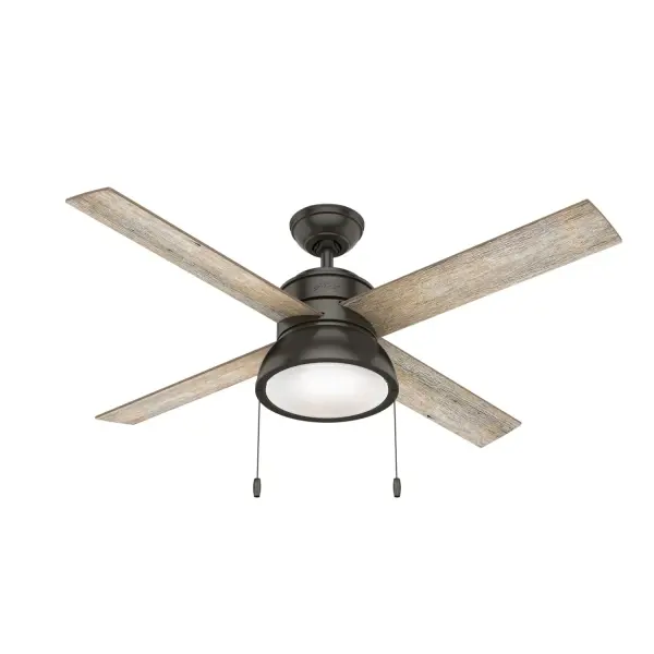 Let the Loki ceiling fan be the finishing touch to your large bedrooms, living rooms, nurseries, and home offices. This indoor ceiling fan is available in stunning finishes, including Weathered Copper and our premium Polished Nickel finish. The included pull chains make controlling the integrated LED light and three fan speeds easy. Featuring the WhisperWind® motor, you'll get the cooling power you need with whisper-quiet performance you expect. WhisperWind® whisper-quiet motor. Rated for indoor use only 2 bulbs included Pull chains included WHISPER-QUIET MOTOR: 3-speed, WhisperWind® reversible motor for optimal performance in summer and winter. INDOOR FANS: Great for bedrooms, offices and great rooms. Make sure you get the right size for the best cooling efficiency. LARGE ROOM FAN: Ideal size for spaces like living rooms and bedrooms. STANDARD PROFILE MOUNTING: 2 inch downrod included. 140 YEARS OF QUALITY: Cutting-edge technology, American engineered, and ETL/UL tested for the highest safety standards — All backed by a limited lifetime motor warranty for peace of mind. COMPATIBLE ACCESSORIES: Works with Hunter and Casablanca accessories, not including Hunter Original® accessories. WARRANTY: Limited Lifetime Motor Warranty backed by the only company with over 135 years in the fan business