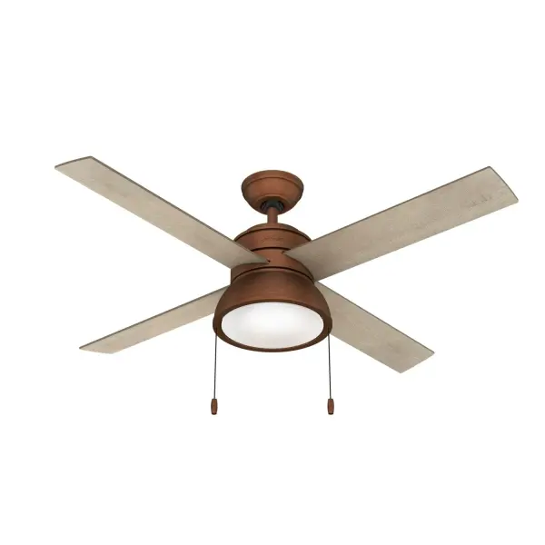 Let the Loki ceiling fan be the finishing touch to your large bedrooms, living rooms, nurseries, and home offices. This indoor ceiling fan is available in stunning finishes, including Weathered Copper and our premium Polished Nickel finish. The included pull chains make controlling the integrated LED light and three fan speeds easy. Featuring the WhisperWind® motor, you'll get the cooling power you need with whisper-quiet performance you expect. WhisperWind® whisper-quiet motor. Rated for indoor use only 2 bulbs included Pull chains included WHISPER-QUIET MOTOR: 3-speed, WhisperWind® reversible motor for optimal performance in summer and winter. INDOOR FANS: Great for bedrooms, offices and great rooms. Make sure you get the right size for the best cooling efficiency. LARGE ROOM FAN: Ideal size for spaces like living rooms and bedrooms. STANDARD PROFILE MOUNTING: 2 inch downrod included. 140 YEARS OF QUALITY: Cutting-edge technology, American engineered, and ETL/UL tested for the highest safety standards — All backed by a limited lifetime motor warranty for peace of mind. COMPATIBLE ACCESSORIES: Works with Hunter and Casablanca accessories, not including Hunter Original® accessories. WARRANTY: Limited Lifetime Motor Warranty backed by the only company with over 135 years in the fan business