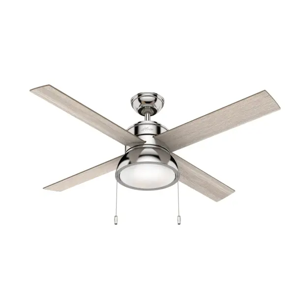 Let the Loki ceiling fan be the finishing touch to your large bedrooms, living rooms, nurseries, and home offices. This indoor ceiling fan is available in stunning finishes, including Weathered Copper and our premium Polished Nickel finish. The included pull chains make controlling the integrated LED light and three fan speeds easy. Featuring the WhisperWind® motor, you'll get the cooling power you need with whisper-quiet performance you expect. WhisperWind® whisper-quiet motor. Rated for indoor use only 2 bulbs included Pull chains included WHISPER-QUIET MOTOR: 3-speed, WhisperWind® reversible motor for optimal performance in summer and winter. INDOOR FANS: Great for bedrooms, offices and great rooms. Make sure you get the right size for the best cooling efficiency. LARGE ROOM FAN: Ideal size for spaces like living rooms and bedrooms. STANDARD PROFILE MOUNTING: 2 inch downrod included. 140 YEARS OF QUALITY: Cutting-edge technology, American engineered, and ETL/UL tested for the highest safety standards — All backed by a limited lifetime motor warranty for peace of mind. COMPATIBLE ACCESSORIES: Works with Hunter and Casablanca accessories, not including Hunter Original® accessories. WARRANTY: Limited Lifetime Motor Warranty backed by the only company with over 135 years in the fan business - alternate view