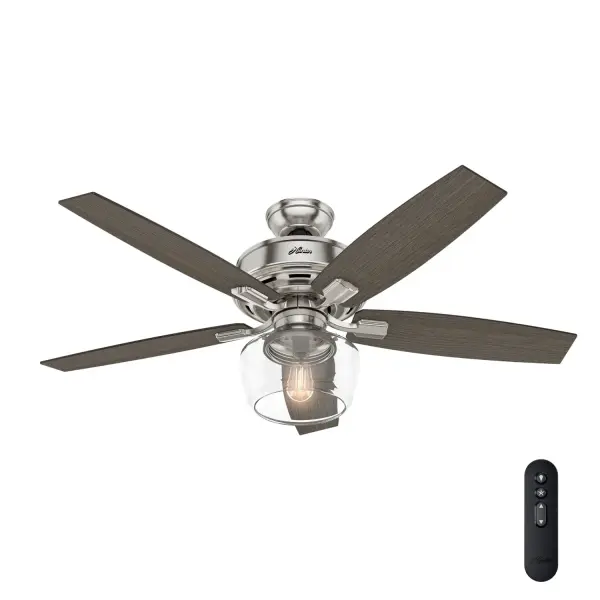 Regarded as one of our best ceiling fans by designers and homeowners alike, the renewed classic look of a Bennett ceiling fan will add flair to your traditional living spaces. A smoked yet clear open glass globe completes this fan's harmonious color palette while adding a touch of glamour. Whether you like your light moody or as bright as possible, the energy-efficient LED Edison bulbs enhance the ambiance of your room while a powerful WhisperWind® motor will make your formal, chic spaces as functional as they are stylish. WhisperWind® whisper-quiet motor. Rated for indoor use only 1 bulbs included Handheld remote included WHISPER-QUIET MOTOR: 3-speed, WhisperWind® reversible motor for optimal performance in summer and winter. INDOOR FANS: Great for bedrooms, offices and great rooms. Make sure you get the right size for the best cooling efficiency. LIGHT OUTPUT: Provides ambient, warm light. EASY CONTROL FUNCTION: Use the control to adjust the fan speed and dim the light. LARGE ROOM FAN: Ideal size for spaces like living rooms and bedrooms. STANDARD PROFILE MOUNTING: 3 inch downrod included. 140 YEARS OF QUALITY: Cutting-edge technology, American engineered, and ETL/UL tested for the highest safety standards — All backed by a limited lifetime motor warranty for peace of mind. COMPATIBLE ACCESSORIES: Works with Hunter and Casablanca accessories, not including Hunter Original® accessories. WARRANTY: Limited Lifetime Motor Warranty backed by the only company with over 140 years in the fan business.