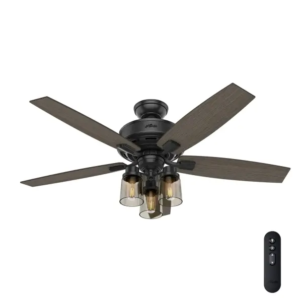 Regarded as one of our best ceiling fans by designers and homeowners alike, the renewed classic look of a Bennett ceiling fan will add flair to your traditional living spaces. The smoked yet clear multi-light side glass completes this fan's harmonious color palette while adding a touch of glamour. The energy-efficient LED Edison bulbs enhance the ambiance of your room while a powerful WhisperWind® motor will make your formal, chic spaces as functional as they are stylish. WhisperWind® whisper-quiet motor. Rated for indoor use only 3 bulbs included Handheld remote included WHISPER-QUIET MOTOR: WhisperWind® reversible motor for optimal performance in summer and winter. INDOOR FANS: Great for bedrooms, offices and great rooms. Make sure you get the right size for the best cooling efficiency. LIGHT OUTPUT: Provides ambient, warm light. EASY CONTROL FUNCTION: Use the control to adjust the fan speed and dim the light. LARGE ROOM FAN: Ideal size for spaces like living rooms and bedrooms. STANDARD PROFILE MOUNTING: 3 inch downrod included. 140 YEARS OF QUALITY: Cutting-edge technology, American engineered, and ETL/UL tested for the highest safety standards — All backed by a limited lifetime motor warranty for peace of mind. COMPATIBLE ACCESSORIES: Works with Hunter and Casablanca accessories, not including Hunter Original® accessories. WARRANTY: Limited Lifetime Motor Warranty backed by the only company with over 140 years in the fan business.