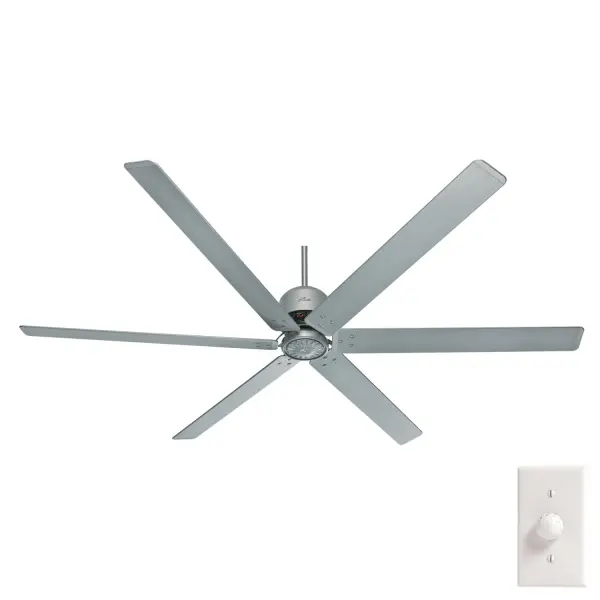 Designed to significantly improve air circulation, the HFC-96 ceiling fan is ideal for large areas in your home like vaulted living rooms and open-concept spaces. With its long, 96" aluminum blades, this low-speed fan generates a higher volume of air so you get better air circulation without the wind and breeze smaller fans create. All this helps to regulate the room temperature and keep your heating costs down. A damp-rated fan, you can place in areas with moisture or humidity like large, covered porches, patios, and sunrooms. These quiet ceiling fans have a unique feature that allows you to install it with either 3 or 6 blades. WhisperWind® whisper-quiet motor. Damp-rated for covered outdoor spaces No light kit or bulbs included Wall control included WHISPER-QUIET MOTOR: 3-speed, WhisperWind® reversible motor for optimal performance in summer and winter. DAMP-RATED: A great option for covered patios, screened porches, and other areas that are not directly exposed to rain, snow, water, or moisture. DROOP-FREE BLADES: Made from durable materials to ensure no blade drooping EASY CONTROL FUNCTION: Use the control to adjust the fan speed. GREAT ROOM FAN: Ideal size for great rooms, open concept spaces, and lofts. STANDARD PROFILE MOUNTING: 11 inch downrod included. 140 YEARS OF QUALITY: Cutting-edge technology, American engineered, and ETL/UL tested for the highest safety standards — All backed by a limited lifetime motor warranty for peace of mind. COMPATIBLE ACCESSORIES: Works with Hunter and Casablanca accessories, not including Hunter Original® accessories. WARRANTY: Limited Lifetime Motor Warranty backed by the only company with over 140 years in the fan business.