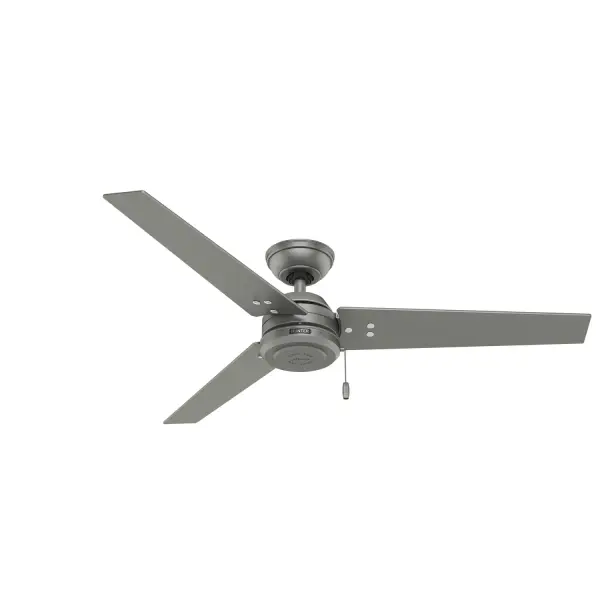 The Cassius is a damp-rated fan, making it perfect for any room in your home or office - including covered porches. This industrial-design fan comes with reversible, 52-inch blades so you can choose a soft wood tone for a gentle appearance or a metallic tone for a consistent, masculine look. The clean lines and exposed motor of this superior performing fan form a no-frills presence creating the perfect accent for your minimalist design style. Installation made easy with Hunter's 3D InterActive Guide. Damp-rated for covered outdoor spaces No light kit or bulbs included Pull chains included DIGITAL MANUAL: Installation made easy with Hunter's 3D InterActive Guide—just scan the QR code for quick setup. WHISPER-QUIET MOTOR: 3-speed, WhisperWind® reversible motor for optimal performance in summer and winter. DROOP-FREE BLADES: Made from durable materials to ensure no blade drooping LARGE ROOM FAN: Ideal size for spaces like living rooms and bedrooms. STANDARD PROFILE MOUNTING: 5 inch downrod included. COMPATIBLE ACCESSORIES: Works with Hunter and Casablanca accessories, not including Hunter Original® accessories WARRANTY: Limited Lifetime Motor Warranty backed by the only company with over 135 years in the fan business DAMP-RATED: A great option for covered patios, screened porches, and other areas that are not directly exposed to rain, snow, water, or moisture.