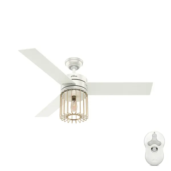 Loved by interior designers, the Ronan ceiling fan features a wire-form brass cage surrounding a vintage-style, energy-efficient LED Edison light bulb. The warm metal and tonal blades create a nice contrast with the fan body. A reversible, three-speed WhisperWind® motor delivers ultra-powerful air movement with a whisper-quiet performance so you get the cooling power you want without the noise. This 52-inch Designer Series caged ceiling fan is versatile and ready to add to your home's modern style. WhisperWind® whisper-quiet motor. Rated for indoor use only 1 bulbs included Handheld remote included WHISPER-QUIET MOTOR: 3-speed, WhisperWind® reversible motor for optimal performance in summer and winter. INDOOR FANS: Great for bedrooms, offices and great rooms. Make sure you get the right size for the best cooling efficiency. LIGHT OUTPUT: Provides ambient, warm light. EASY CONTROL FUNCTION: Use the control to adjust the fan speed and dim the light. LARGE ROOM FAN: Ideal size for spaces like living rooms and bedrooms. STANDARD PROFILE MOUNTING: 4 inch downrod included. 140 YEARS OF QUALITY: Cutting-edge technology, American engineered, and ETL/UL tested for the highest safety standards — All backed by a limited lifetime motor warranty for peace of mind. COMPATIBLE ACCESSORIES: Works with Hunter and Casablanca accessories, not including Hunter Original® accessories. WARRANTY: Limited Lifetime Motor Warranty backed by the only company with over 140 years in the fan business.