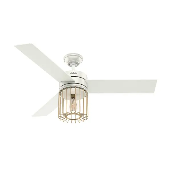 Loved by interior designers, the Ronan ceiling fan features a wire-form brass cage surrounding a vintage-style, energy-efficient LED Edison light bulb. The warm metal and tonal blades create a nice contrast with the fan body. A reversible, three-speed WhisperWind® motor delivers ultra-powerful air movement with a whisper-quiet performance so you get the cooling power you want without the noise. This 52-inch Designer Series caged ceiling fan is versatile and ready to add to your home's modern style. WhisperWind® whisper-quiet motor. Rated for indoor use only 1 bulbs included Handheld remote included WHISPER-QUIET MOTOR: 3-speed, WhisperWind® reversible motor for optimal performance in summer and winter. INDOOR FANS: Great for bedrooms, offices and great rooms. Make sure you get the right size for the best cooling efficiency. LIGHT OUTPUT: Provides ambient, warm light. EASY CONTROL FUNCTION: Use the control to adjust the fan speed and dim the light. LARGE ROOM FAN: Ideal size for spaces like living rooms and bedrooms. STANDARD PROFILE MOUNTING: 4 inch downrod included. 140 YEARS OF QUALITY: Cutting-edge technology, American engineered, and ETL/UL tested for the highest safety standards — All backed by a limited lifetime motor warranty for peace of mind. COMPATIBLE ACCESSORIES: Works with Hunter and Casablanca accessories, not including Hunter Original® accessories. WARRANTY: Limited Lifetime Motor Warranty backed by the only company with over 140 years in the fan business. - alternate view