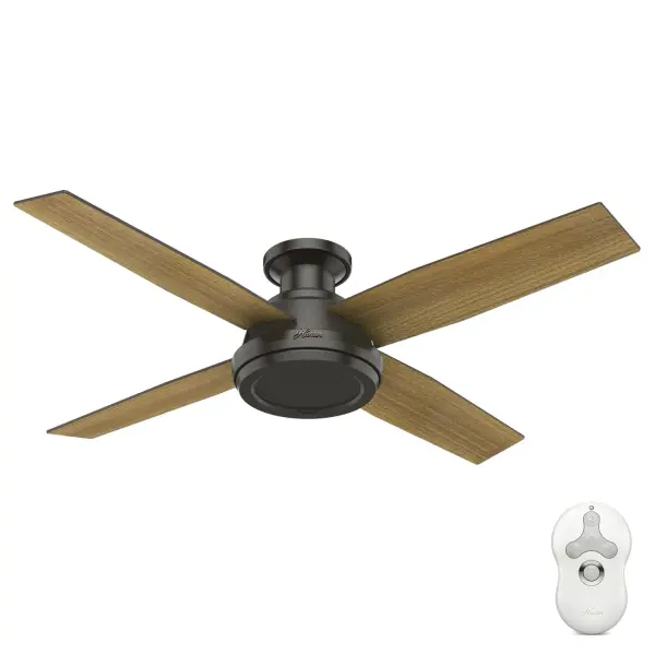 A contemporary fan with mass appeal, the Dempsey will fit flawlessly in your home's modern interior design. The beautiful, clean finish options work together with the high contrast of angles throughout the design to create a look that will keep your space looking current and inspired. The 52-inch blade span will keep the large rooms in your home feeling cool. We have a full collection of Dempsey fans so you can keep a consistent look while tailoring the size and features to each room in your house. WhisperWind® whisper-quiet motor. Rated for indoor use only No light kit or bulbs included Handheld remote included WHISPER-QUIET MOTOR: 3-speed, WhisperWind® reversible motor for optimal performance in summer and winter. EASY CONTROL FUNCTION: Use the control to adjust the fan speed. LARGE ROOM FAN: Ideal size for spaces like living rooms and bedrooms. LOW PROFILE MOUNTING: Designed to fit flush against ceilings less than 9 feet high. 140 YEARS OF QUALITY: Cutting-edge technology, American engineered, and ETL/UL tested for the highest safety standards — All backed by a limited lifetime motor warranty for peace of mind. COMPATIBLE ACCESSORIES: Works with Hunter and Casablanca accessories, not including Hunter Original® accessories WARRANTY: Limited Lifetime Motor Warranty backed by the only company with over 140 years in the fan business - alternate view