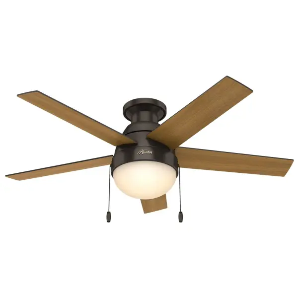 With four finishes to choose from, the Anslee low-profile ceiling fan is the perfect accent for your small or standard-size room's contemporary interior design style. The low-profile housing is specially designed to fit flush to the ceiling and is ideal for use in rooms with low ceilings. Enjoy full control over setting the perfect atmosphere with our energy-efficient LED bulbs. The reversible three-speed WhisperWind® motor delivers ultra-powerful air movement with a whisper-quiet performance so you get the cooling power you want without the noise you don't. WhisperWind® whisper-quiet motor. Rated for indoor use only 2 bulbs included Pull chains included WHISPER-QUIET MOTOR: 3-speed, WhisperWind® reversible motor for optimal performance in summer and winter. INDOOR FANS: Great for bedrooms, offices and great rooms. Make sure you get the right size for the best cooling efficiency. SMALL ROOM FAN: Ideal size for home offices, laundry rooms, and bedrooms. LOW PROFILE MOUNTING: Designed to fit flush against ceilings less than 9 feet high. 140 YEARS OF QUALITY: Cutting-edge technology, American engineered, and ETL/UL tested for the highest safety standards — All backed by a limited lifetime motor warranty for peace of mind. COMPATIBLE ACCESSORIES: Works with Hunter and Casablanca accessories, not including Hunter Original® accessories. WARRANTY: Limited Lifetime Motor Warranty backed by the only company with over 140 years in the fan business.