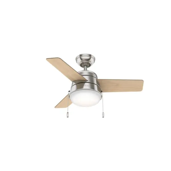 The Scandinavian-style lighting complemented by a mid-century color palette along with the rounded edges throughout the Aker gives it a soft, modern look. With a 36-inch blade span, these small ceiling fans with lights are perfect for spaces like home offices, hallways, and laundry rooms. But don't let the size fool you – the Aker is quite powerful when it comes to airflow and keeping you cool. Energy-efficient LED bulbs provide just the right amount of light while the reversible, three-speed WhisperWind® motor delivers ultra-powerful air movement with whisper-quiet performance. Built with our SureSpeed® Guarantee to deliver faster airflow you can feel WhisperWind® whisper-quiet motor. Rated for indoor use only 2 bulbs included AIRFLOW YOU FEEL: Built with our SureSpeed® Guarantee to deliver over 33% higher air velocity than leading competitors* while maintaining quiet, wobble-free performance. WHISPER-QUIET MOTOR: 3-speed, WhisperWind® reversible motor for optimal performance in summer and winter. INDOOR FANS: Great for bedrooms, offices and great rooms. Make sure you get the right size for the best cooling efficiency. SMALL ROOM FAN: Ideal size for home offices, laundry rooms, and bedrooms. STANDARD PROFILE MOUNTING: 4 inch downrod included. 140 YEARS OF QUALITY: Cutting-edge technology, American engineered, and ETL/UL tested for the highest safety standards — All backed by a limited lifetime motor warranty for peace of mind. COMPATIBLE ACCESSORIES: Works with Hunter and Casablanca accessories, not including Hunter Original® accessories WARRANTY: Limited Lifetime Motor Warranty backed by the only company with over 140 years in the fan business *Based on testing conducted January 2023 comparing the average high-speed airflow velocity of Hunter SureSpeed ceiling fans and the best-selling online models for leading competitors. - alternate view