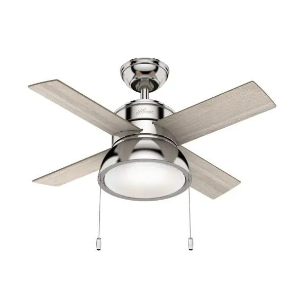 Brighten up small rooms with the Loki ceiling fan. Available in stunning finishes with reversible blade finishes, you can customize the look of this small ceiling fan in your guest bedrooms, home offices, nurseries, and keeping rooms. The included pull chains make it easy to control the LED light and the three fan speeds. Featuring the WhisperWind® motor, you'll get the cooling power you need with whisper-quiet performance you expect. WhisperWind® whisper-quiet motor. Rated for indoor use only 2 bulbs included Pull chains included WHISPER-QUIET MOTOR: 3-speed, WhisperWind® reversible motor for optimal performance in summer and winter. SMALL ROOM FAN: Ideal size for home offices, laundry rooms, and bedrooms. STANDARD PROFILE MOUNTING: 2 inch downrod included. 140 YEARS OF QUALITY: Cutting-edge technology, American engineered, and ETL/UL tested for the highest safety standards — All backed by a limited lifetime motor warranty for peace of mind. COMPATIBLE ACCESSORIES: Works with Hunter and Casablanca accessories, not including Hunter Original® accessories WARRANTY: Limited Lifetime Motor Warranty backed by the only company with over 140 years in the fan business