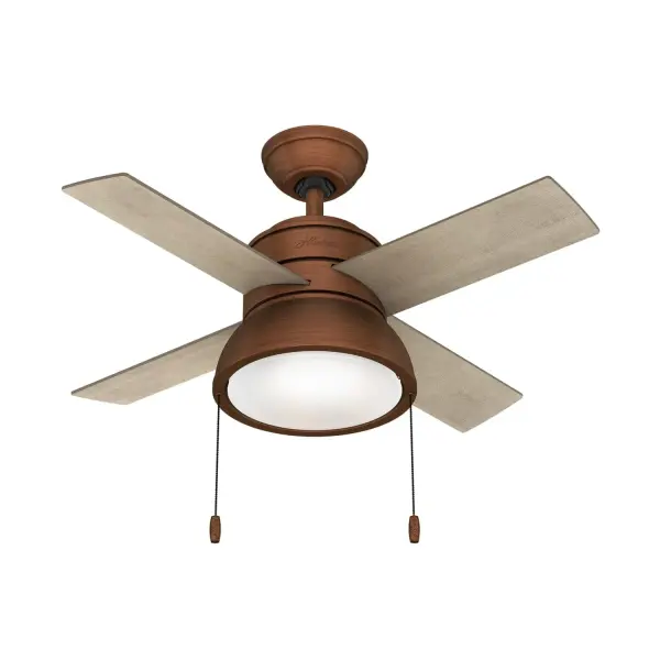 Brighten up small rooms with the Loki ceiling fan. Available in stunning finishes with reversible blade finishes, you can customize the look of this small ceiling fan in your guest bedrooms, home offices, nurseries, and keeping rooms. The included pull chains make it easy to control the LED light and the three fan speeds. Featuring the WhisperWind® motor, you'll get the cooling power you need with whisper-quiet performance you expect. WhisperWind® whisper-quiet motor. Rated for indoor use only 2 bulbs included Pull chains included WHISPER-QUIET MOTOR: 3-speed, WhisperWind® reversible motor for optimal performance in summer and winter. SMALL ROOM FAN: Ideal size for home offices, laundry rooms, and bedrooms. STANDARD PROFILE MOUNTING: 2 inch downrod included. 140 YEARS OF QUALITY: Cutting-edge technology, American engineered, and ETL/UL tested for the highest safety standards — All backed by a limited lifetime motor warranty for peace of mind. COMPATIBLE ACCESSORIES: Works with Hunter and Casablanca accessories, not including Hunter Original® accessories WARRANTY: Limited Lifetime Motor Warranty backed by the only company with over 140 years in the fan business - alternate view