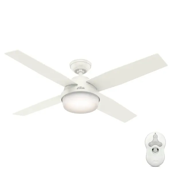 A contemporary fan with mass appeal, the Dempsey will fit flawlessly in your home's modern interior design. The beautiful, clean finish options work together with the high contrast of angles throughout the design to create a look that will keep your space looking current and inspired. This fan is damp-rated for covered porches or any area with moisture. Fully dimmable, energy-efficient LED bulbs give you total control over your lighting, while the 52-inch blade span is ideal for large rooms. We have a full collection of Dempsey fans so you can maintain a consistent look while tailoring the size and features to each room in your house. WhisperWind® whisper-quiet motor. Damp-rated for covered outdoor spaces 2 bulbs included Handheld remote included WHISPER-QUIET MOTOR: 3-speed, WhisperWind® reversible motor for optimal performance in summer and winter. DAMP-RATED: A great option for covered patios, screened porches, and other areas that are not directly exposed to rain, snow, water, or moisture. DROOP-FREE BLADES: Made from durable materials to ensure no blade drooping EASY CONTROL FUNCTION: Use the control to adjust the fan speed and dim the light. LARGE ROOM FAN: Ideal size for spaces like living rooms and bedrooms. STANDARD PROFILE MOUNTING: 3 inch downrod included. 140 YEARS OF QUALITY: Cutting-edge technology, American engineered, and ETL/UL tested for the highest safety standards — All backed by a limited lifetime motor warranty for peace of mind. COMPATIBLE ACCESSORIES: Works with Hunter and Casablanca accessories, not including Hunter Original® accessories. WARRANTY: Limited Lifetime Motor Warranty backed by the only company with over 140 years in the fan business.