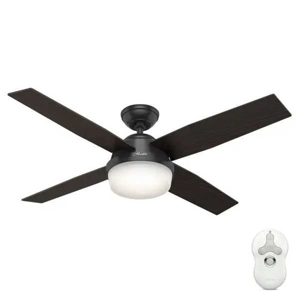 A contemporary fan with mass appeal, the Dempsey will fit flawlessly in your home's modern interior design. The beautiful, clean finish options work together with the high contrast of angles throughout the design to create a look that will keep your space looking current and inspired. This fan is damp-rated for covered porches or any area with moisture. Fully dimmable, energy-efficient LED bulbs give you total control over your lighting, while the 52-inch blade span is ideal for large rooms. We have a full collection of Dempsey fans so you can maintain a consistent look while tailoring the size and features to each room in your house. WhisperWind® whisper-quiet motor. Damp-rated for covered outdoor spaces 2 bulbs included Handheld remote included WHISPER-QUIET MOTOR: 3-speed, WhisperWind® reversible motor for optimal performance in summer and winter. DAMP-RATED: A great option for covered patios, screened porches, and other areas that are not directly exposed to rain, snow, water, or moisture. DROOP-FREE BLADES: Made from durable materials to ensure no blade drooping EASY CONTROL FUNCTION: Use the control to adjust the fan speed and dim the light. LARGE ROOM FAN: Ideal size for spaces like living rooms and bedrooms. STANDARD PROFILE MOUNTING: 3 inch downrod included. 140 YEARS OF QUALITY: Cutting-edge technology, American engineered, and ETL/UL tested for the highest safety standards — All backed by a limited lifetime motor warranty for peace of mind. COMPATIBLE ACCESSORIES: Works with Hunter and Casablanca accessories, not including Hunter Original® accessories. WARRANTY: Limited Lifetime Motor Warranty backed by the only company with over 140 years in the fan business. - alternate view