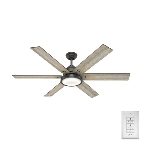 The Warrant great room ceiling fan is available in two sizes – a 60-inch ceiling fan and a 70-inch ceiling fan – to efficiently cool open-concept rooms while adding style to your decor. This farmhouse-style ceiling fan with a LED light features six reversible blades that are reminiscent of a windmill with rivet hardware attaching the blades to the housing. As a Hunter ENERGY STAR® certified ceiling fan, the Warrant is 64% more efficient on average than conventional fans* while helping you save you money on cooling costs. Hunter's ENERGY STAR® certified ceiling fans are 64% more energy efficient* Our 6-speed EcoWhisper DC motor delivers efficient and quiet performance. Rated for indoor use only 1 bulbs included ENERGY EFFICIENT: Hunter's ENERGY STAR® certified ceiling fans are 64% more efficient on average than conventional fans* while helping you save you money on cooling costs. WHISPER-QUIET MOTOR: 6-speed, DC reversible motor for optimal performance in summer and winter. INDOOR FANS: Great for bedrooms, offices and great rooms. Make sure you get the right size for the best cooling efficiency. LIGHT OUTPUT: Provides bright, white light. EASY CONTROL FUNCTION: Use the control to adjust the fan speed and dim the light. PRE-INSTALLED RECEIVER: Control receiver built into the fan. One less step for installation. GREAT ROOM FAN: Ideal size for great rooms, open concept spaces, and lofts. STANDARD PROFILE MOUNTING: 3 inch downrod included. 140 YEARS OF QUALITY: Cutting-edge technology, American engineered, and ETL/UL tested for the highest safety standards — All backed by a limited lifetime motor warranty for peace of mind. COMPATIBLE ACCESSORIES: Works with Hunter and Casablanca accessories, not including Hunter Original® accessories WARRANTY: Limited Lifetime Motor Warranty backed by the only company with over 140 years in the fan business