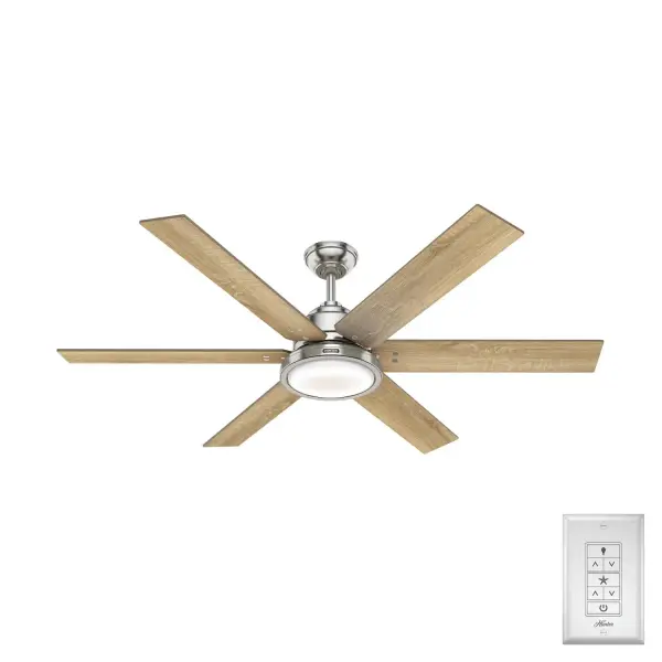 The Warrant great room ceiling fan is available in two sizes – a 60-inch ceiling fan and a 70-inch ceiling fan – to efficiently cool open-concept rooms while adding style to your decor. This farmhouse-style ceiling fan with a LED light features six reversible blades that are reminiscent of a windmill with rivet hardware attaching the blades to the housing. As a Hunter ENERGY STAR® certified ceiling fan, the Warrant is 64% more efficient on average than conventional fans* while helping you save you money on cooling costs. Hunter's ENERGY STAR® certified ceiling fans are 64% more energy efficient* Our 6-speed EcoWhisper DC motor delivers efficient and quiet performance. Rated for indoor use only 1 bulbs included ENERGY EFFICIENT: Hunter's ENERGY STAR® certified ceiling fans are 64% more efficient on average than conventional fans* while helping you save you money on cooling costs. WHISPER-QUIET MOTOR: 6-speed, DC reversible motor for optimal performance in summer and winter. INDOOR FANS: Great for bedrooms, offices and great rooms. Make sure you get the right size for the best cooling efficiency. LIGHT OUTPUT: Provides bright, white light. EASY CONTROL FUNCTION: Use the control to adjust the fan speed and dim the light. PRE-INSTALLED RECEIVER: Control receiver built into the fan. One less step for installation. GREAT ROOM FAN: Ideal size for great rooms, open concept spaces, and lofts. STANDARD PROFILE MOUNTING: 3 inch downrod included. 140 YEARS OF QUALITY: Cutting-edge technology, American engineered, and ETL/UL tested for the highest safety standards — All backed by a limited lifetime motor warranty for peace of mind. COMPATIBLE ACCESSORIES: Works with Hunter and Casablanca accessories, not including Hunter Original® accessories WARRANTY: Limited Lifetime Motor Warranty backed by the only company with over 140 years in the fan business - alternate view