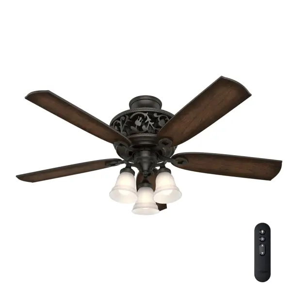 The neo-Victorian-inspired Promenade's multi-dimensional detailing brings a modern feel to a classic style. The gloss black ornate pattern on the housing embraces negative space against a matte base to create depth and dimension worthy of the centerpiece of your room. Coupled with elegant blade detailing and TrueLight™ technology this fan adds a fresh look that brightens your updated traditional as well as transitional spaces. As a Hunter ENERGY STAR® certified ceiling fan, the Promenade is 64% more efficient on average than conventional fans* while helping you save you money on cooling costs. Hunter's ENERGY STAR® certified ceiling fans are 64% more energy efficient* TrueLight™ technology ensures a bright balance of clear and welcoming light, any time, in every room. Rated for indoor use only 3 bulbs included ENERGY EFFICIENT: Hunter's ENERGY STAR® certified ceiling fans are 64% more efficient on average than conventional fans* while helping you save you money on cooling costs. CLEARLY BRIGHTER: TrueLight™ products are designed for modern bulbs that provide illumination and efficiency so you get the perfect brightness, every time. WHISPER-QUIET MOTOR: 6-speed, DC reversible motor for optimal performance in summer and winter. INDOOR FANS: Great for bedrooms, offices and great rooms. Make sure you get the right size for the best cooling efficiency. EASY CONTROL FUNCTION: Use the control to adjust the fan speed and dim the light. LARGE ROOM FAN: Ideal size for spaces like living rooms and bedrooms. STANDARD PROFILE MOUNTING: 2 inch downrod included. 140 YEARS OF QUALITY: Cutting-edge technology, American engineered, and ETL/UL tested for the highest safety standards — All backed by a limited lifetime motor warranty for peace of mind. COMPATIBLE ACCESSORIES: Works with Hunter and Casablanca accessories, not including Hunter Original® accessories WARRANTY: Limited Lifetime Motor Warranty backed by the only company with over 140 years in the fan business