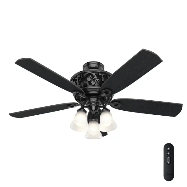 The neo-Victorian-inspired Promenade's multi-dimensional detailing brings a modern feel to a classic style. The gloss black ornate pattern on the housing embraces negative space against a matte base to create depth and dimension worthy of the centerpiece of your room. Coupled with elegant blade detailing and TrueLight™ technology this fan adds a fresh look that brightens your updated traditional as well as transitional spaces. As a Hunter ENERGY STAR® certified ceiling fan, the Promenade is 64% more efficient on average than conventional fans* while helping you save you money on cooling costs. Hunter's ENERGY STAR® certified ceiling fans are 64% more energy efficient* TrueLight™ technology ensures a bright balance of clear and welcoming light, any time, in every room. Rated for indoor use only 3 bulbs included ENERGY EFFICIENT: Hunter's ENERGY STAR® certified ceiling fans are 64% more efficient on average than conventional fans* while helping you save you money on cooling costs. CLEARLY BRIGHTER: TrueLight™ products are designed for modern bulbs that provide illumination and efficiency so you get the perfect brightness, every time. WHISPER-QUIET MOTOR: 6-speed, DC reversible motor for optimal performance in summer and winter. INDOOR FANS: Great for bedrooms, offices and great rooms. Make sure you get the right size for the best cooling efficiency. EASY CONTROL FUNCTION: Use the control to adjust the fan speed and dim the light. LARGE ROOM FAN: Ideal size for spaces like living rooms and bedrooms. STANDARD PROFILE MOUNTING: 2 inch downrod included. 140 YEARS OF QUALITY: Cutting-edge technology, American engineered, and ETL/UL tested for the highest safety standards — All backed by a limited lifetime motor warranty for peace of mind. COMPATIBLE ACCESSORIES: Works with Hunter and Casablanca accessories, not including Hunter Original® accessories WARRANTY: Limited Lifetime Motor Warranty backed by the only company with over 140 years in the fan business - alternate view