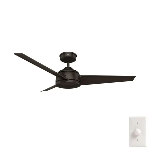 As a part of Hunter's WeatherMax® Collection, the Trimaran outdoor ceiling is Engineered for the Elements®. It's wet-rated as well as corrosion and salt-air resistant making it great for outdoor spaces like pergolas and patios. Easily control this ceiling fan without light with the included wall control. Available in classic finishes, this modern ceiling fan fits seamlessly in large, casual spaces. WeatherMax® coastal-rated fans ensure corrosion resistance in harsh, outdoor weather. Built with our SureSpeed® Guarantee to deliver faster airflow you can feel. Wet-rated for use in outdoor spaces exposed to extreme weather elements No light kit or bulbs included CORROSION-RESISTANT: Engineered for the Elements®, WeatherMax® outdoor ceiling fans resist corrosion from water and salt air, backed by a 3-year finish warranty. AIRFLOW YOU FEEL: Built with our SureSpeed® Guarantee to deliver over 33% higher air velocity than leading competitors* while maintaining quiet, wobble-free performance. DROOP-FREE BLADES: Made from durable materials to ensure no blade drooping EASY CONTROL FUNCTION: Use the control to adjust the fan speed. WHISPER-QUIET MOTOR: 3-speed, WhisperWind® reversible motor for optimal performance in summer and winter. LARGE ROOM FAN: Ideal size for spaces like living rooms and bedrooms. STANDARD PROFILE MOUNTING: 4 inch downrod included. 140 YEARS OF QUALITY: Cutting-edge technology, American engineered, and ETL/UL tested for the highest safety standards — All backed by a limited lifetime motor warranty for peace of mind. COMPATIBLE ACCESSORIES: Works with Hunter and Casablanca accessories, not including Hunter Original® accessories. WARRANTY: Limited Lifetime Motor Warranty backed by the only company with over 140 years in the fan business. *Based on testing conducted January 2023 comparing the average high-speed airflow velocity of Hunter SureSpeed ceiling fans and the best-selling online models for leading competitors.