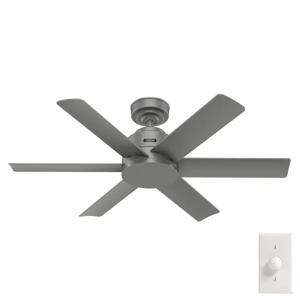 Inspired by the sleek design elements involved in the electronic industry, the Kennicott ceiling fan enhances your smaller spaces with a clean, modern touch. Make a statement in your kitchen, bathrooms, and laundry rooms with any of the available finishes, including Dusty Green. This fan is damp-rated for your outdoor spaces and style-rated for any room in your home. The Kennicott features a wall control for easy speed adjustments, a WhisperWind® motor for whisper-quiet performance, and is part of the SureSpeed® collection – guaranteed optimized high-speed cooling. Built with our SureSpeed® Guarantee to deliver faster airflow you can feel Installation made easy with Hunter's 3D InterActive Guide. Damp-rated for covered outdoor spaces No light kit or bulbs included AIRFLOW YOU FEEL: Built with our SureSpeed® Guarantee to deliver over 33% higher air velocity than leading competitors* while maintaining quiet, wobble-free performance. DIGITAL MANUAL: Installation made easy with Hunter's 3D InterActive Guide—just scan the QR code for quick setup. DROOP-FREE BLADES: Made from durable materials to ensure no blade drooping EASY CONTROL FUNCTION: Use the control to adjust the fan speed. SMALL ROOM FAN: Ideal size for home offices, laundry rooms, and bedrooms. STANDARD PROFILE MOUNTING: 3 inch downrod included. 140 YEARS OF QUALITY: Cutting-edge technology, American engineered, and ETL/UL tested for the highest safety standards — All backed by a limited lifetime motor warranty for peace of mind. COMPATIBLE ACCESSORIES: Works with Hunter and Casablanca accessories, not including Hunter Original® accessories. WARRANTY: Limited Lifetime Motor Warranty backed by the only company with over 140 years in the fan business. *Based on testing conducted January 2023 comparing the average high-speed airflow velocity of Hunter SureSpeed ceiling fans and the best-selling online models for leading competitors.