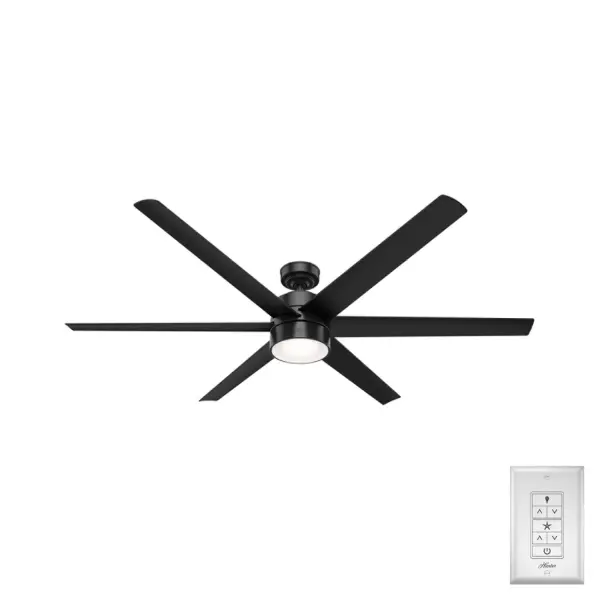 The Solaria outdoor ceiling fan features our exclusive SureSpeed® Guarantee, providing unrivaled high-speed cooling. The pre-installed control receiver means simple wiring, and the included wall control is pre-paired and ready to use as soon as the fan is installed. As a Hunter ENERGY STAR® certified ceiling fan, the Solaria is 64% more efficient on average than conventional fans* while helping you save you money on cooling costs. This large ceiling fan is damp-rated for use in covered rooms exposed to moisture like porches, patios, garages, and bathrooms. Hunter's ENERGY STAR® certified ceiling fans are 64% more energy efficient* Built with our SureSpeed® Guarantee to deliver faster airflow you can feel Damp-rated for covered outdoor spaces 1 bulbs included ENERGY EFFICIENT: Hunter's ENERGY STAR® certified ceiling fans are 64% more efficient on average than conventional fans* while helping you save you money on cooling costs. AIRFLOW YOU FEEL: Built with our SureSpeed® Guarantee to deliver over 33% higher air velocity than leading competitors* while maintaining quiet, wobble-free performance. DROOP-FREE BLADES: Made from durable materials to ensure no blade drooping LIGHT OUTPUT: Provides bright, white light. EASY CONTROL FUNCTION: Use the control to adjust the fan speed and dim the light. WHISPER-QUIET MOTOR: 6-speed, DC reversible motor for optimal performance in summer and winter. GREAT ROOM FAN: Ideal size for great rooms, open concept spaces, and lofts. STANDARD PROFILE MOUNTING: 3 inch downrod included. 140 YEARS OF QUALITY: Cutting-edge technology, American engineered, and ETL/UL tested for the highest safety standards — All backed by a limited lifetime motor warranty for peace of mind. COMPATIBLE ACCESSORIES: Works with Hunter and Casablanca accessories, not including Hunter Original® accessories WARRANTY: Limited Lifetime Motor Warranty backed by the only company with over 140 years in the fan business *Based on testing conducted January 2023 comparing the average high-speed airflow velocity of Hunter SureSpeed ceiling fans and the best-selling online models for leading competitors. - alternate view
