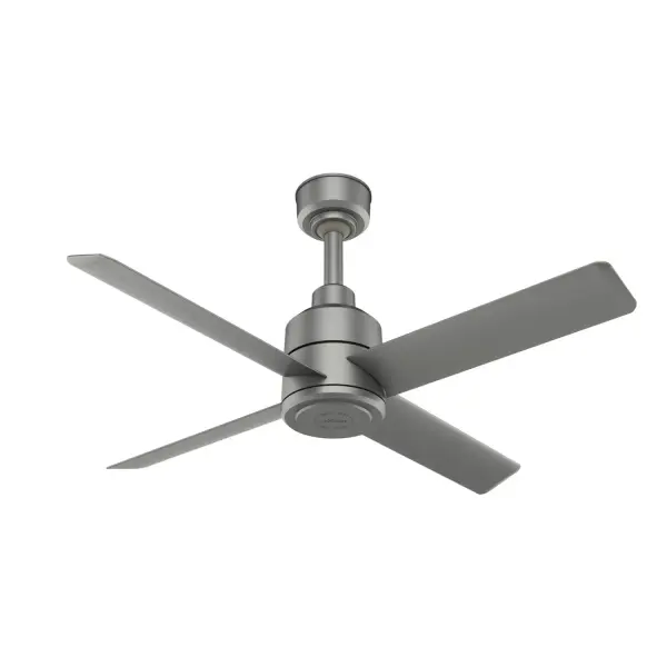 The Trak commercial ceiling fan collection is a perfect balance of performance and modern design. Trak blends elegantly into its surroundings while providing the cooling effect and airflow that commercial spaces need. Trak's design includes a commercial grade motor and extruded aluminum blades for a long lifespan, while delivering optimal airflow for larger, open spaces - even those with high ceilings. Trak's 4 blade sizes, compatibility with both 120V and 240V power, and 3 versatile finishes make it a beautiful enhancement to any indoor or outdoor space such as restaurants, meeting areas, patios, fitness centers, and sport facilities. Damp-rated ceiling fans are a great option for covered patios, screened porches, and other areas that are not directly exposed to rain, snow, water, or moisture WHISPER-QUIET MOTOR: 8-speed, DC reversible motor for optimal performance in summer and winter. GREAT ROOM FAN: Ideal size for great rooms, open concept spaces, and lofts. COMPATIBLE ACCESSORIES: Works with Trak commercial ceiling fan accessories WARRANTY: 3 Year Motor Warranty backed by the only company with over 135 years in the fan business No light kit or bulbs included Remote control included EASY CONTROL FUNCTION: Use the control to adjust the fan speed. - alternate view