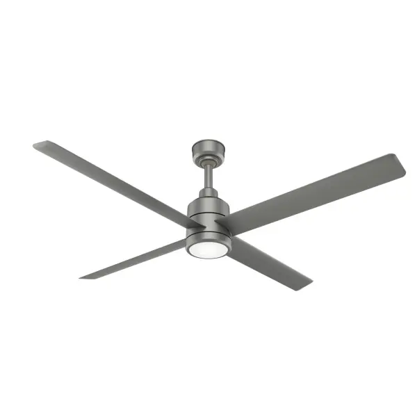 The Trak commercial ceiling fan collection is a perfect balance of performance and modern design. Trak blends elegantly into its surroundings while providing the cooling effect and airflow that commercial spaces need. Trak's design includes a commercial grade motor and extruded aluminum blades for a long lifespan, while delivering optimal airflow for larger, open spaces - even those with high ceilings. Trak's 4 blade sizes, compatibility with both 120V and 240V power, and 3 versatile finishes make it a beautiful enhancement to any indoor or outdoor space such as restaurants, meeting areas, patios, fitness centers, and sport facilities. Damp-rated ceiling fans are a great option for covered patios, screened porches, and other areas that are not directly exposed to rain, snow, water, or moisture WHISPER-QUIET MOTOR: 8-speed, DC reversible motor for optimal performance in summer and winter. GREAT ROOM FAN: Ideal size for great rooms, open concept spaces, and lofts. COMPATIBLE ACCESSORIES: Works with Trak commercial ceiling fan accessories WARRANTY: 3 Year Motor Warranty backed by the only company with over 135 years in the fan business 1 bulbs included Remote control included LIGHT OUTPUT: Provides bright, white light. - alternate view