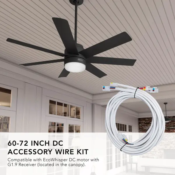 If you have high ceilings and need downrods over 60 inches or more for the perfect fan height, then we have you covered. Our current fans are wired for a standard ceiling height so they only go up to 12 inch downrods. This 72 inches of extra wire will help you extend your fan to the height you need for those lofty ceilings. Easy to use with connectors included, this kit is for you. Shop for the right fan and don't forget the extra downrods you will need to reach great ceiling heights. Compatible with EcoWhisper DC motor with G1.9 Receiver (located in canopy). This kit includes two sets of wires, accommodating both 60 and 72 inch. The 60-72 inch wire kit makes adding a downrod simple with our easy-to-follow instructions. Not compatible with HunterExpress ceiling fans. - alternate view