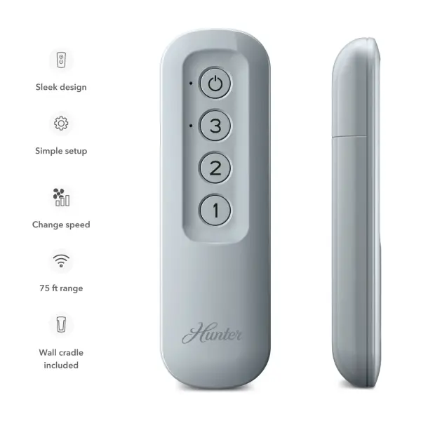 The No Light Handheld Remote with Receiver boasts an impressive 75 ft range, allowing you to control your devices from across the room or even from another part of your home. The long-range ensures that you can easily operate your devices without having to get up from your comfortable spot. This remote also comes with a convenient wall cradle that allows for easy storage and quick access. The wall cradle keeps the remote safely out of the way when not in use, and ensures that it is always within reach when you need it. Works with Hunter and Casablanca fans, not including Hunter Original® or DC fans. COMPATIBLE ACCESSORIES: Works with Hunter and Casablanca accessories, not including Hunter Original® accessories - alternate view