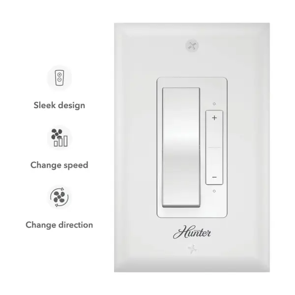Get control with the sleek, dove grey No Light Wall Controller. Designed to integrate seamlessly across all channels, this stylish controller offers precision control with a minimalist touch. Its subtle dove grey finish complements any decor, making it a perfect addition to both modern and traditional spaces. Experience effortless fan operation without the clutter of unnecessary buttons or lights. Works with Hunter and Casablanca remote receivers (fan only). Does not work with Hunter DC pull chain fans. 1 year limited warranty Effortlessly adjust your fan's speed with this specialized no-light fan control. - alternate view