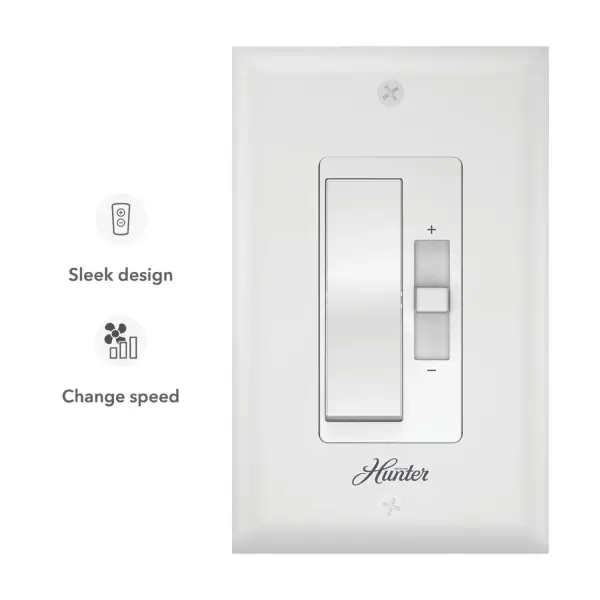 The New Slider Wall Controller in sophisticated dove grey will help you get control of your fan. This sleek, intuitively designed controller revolutionizes fan speed adjustment with its smooth sliding control mechanism, allowing for precise airflow settings without the need for an external receiver. Its minimalist design not only enhances your wall's aesthetic but also simplifies your life. Perfectly compatible with a wide range of fans, the Slider Wall Controller is the epitome of style and functionality. Works with Hunter and Casablanca AC pull chain fans. Does NOT work with Hunter Original or DC pull chain fans. 1 year limited warranty Effortlessly adjust your fan's speed with this specialized no-light fan control. - alternate view