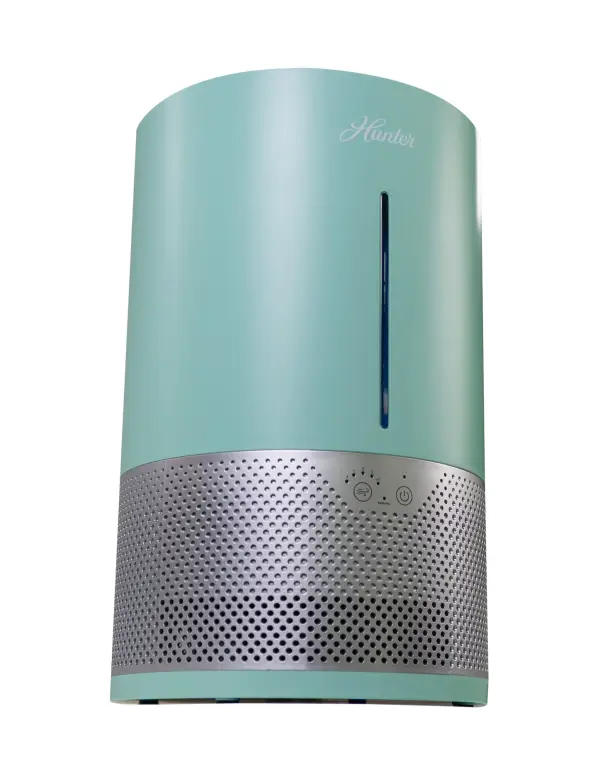 Collective Feel the difference in humidifier delivery and control with the Hunter Aspire Evaporative Humidifier. This advanced mist-free humidifier optimizes your living space using a PermaWick to trap minerals and impurities, ensuring clean moisture output and preventing the spread of white dust. The HHE150 Aspire 4.8L Evaporative Humidifier effectively covers areas up to 456 sq. ft., making it ideal for home or office usage and comes in four colors: graphite; aqua; taupe; and white. Revolutionize your indoor environment with this exceptional humidifier that offers targeted results that cater to your individual needs from Hunter. Features Eliminates mist and white dust that is experienced with other humidifiers. Easy top-fill design. Utilizes a fan to speed up the process of water evaporation. Four fan speeds: low, medium, high, and auto mode. Auto mode controls room's humidity level using appropriate fan speeds. Cleanable Permawick for easy maintenance. Sleep Mode for comfortable, breathable nights. LED accent light settings for ambient lighting, night lighting, or aesthetic appeal. Waterless indicator light Warranty Hunter provides high quality products guaranteed for the first year. Specs Recommended Room Size: 456 sq. ft. Tank Capacity: 4.8 L (20.28 cups) Water tank to MAX line - 4.8 L Product Dimensions: 9.44 x 9.44 x 15.07 inches, 6. 17 lbs. Shipping Dimensions: 11.81 x 11.81 x 17.32 inches, 8.15 lbs. User Manual User Manual in English Replacement Permawick H-SW150 - alternate view