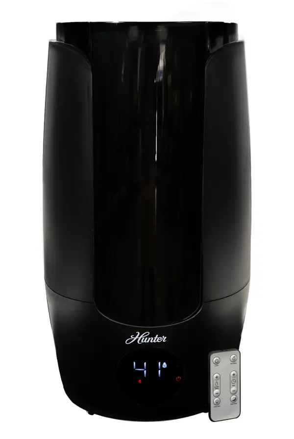 Embrace the future of home comfort with the Hunter Aspire Series 2.2 Gallon Cool Mist Humidifier. Customize your level of humidity with three mist settings and an attachable extension wand with 360-degree dual port nozzle to increase your level of comfort and coverage. The water reservoir also features a water refill indicator making the refill process a breeze. The sleek, modern design comes in black, white, taupe, or graphite, and includes auto-sensing humidity technology and a LED display screen, multiple mist output settings, and an automatic shut off. Features Ultrasonic Operation uses vibration to create cool mist rather than heat. Filter less design makes for easy maintenance. Recommended for living room, bedroom, nursery, bathroom, home office, den, or kitchen. 360 Degree Rotatable Dual port nozzle and extension wand allows for greater reach and customizable mist flow in multiple directions for your environment and preference. Three levels of mist output: low, medium, and high with auto-sensing humidity technology. The 8.3 L (2.2 gal) water tank has a run time of approximately 26 hours at the highest setting before needing to be refilled. This is approximately 324 m L ( 1.34 cups) of vapor output, every hour. Anti-bacterial nanosilver additive in water tank inhibits the growth of bacteria such as E. Coli and Staphylococcus Aureus on the surface of the water tank. LED display and soft touch buttons featuring sleep mode, three mist output settings, timer setting from 0 -12 hours, and an accent light with 5 different color options. Remote control. Essential oils tray (essential oils not included). PLEASE NOTE: IMPORTANT - the nozzle on this humidifier comes off the extension wand and goes on the unit when using without the extension wand. Warranty Hunter provides high quality products guaranteed for the first year. Specs Recommended Room Size: 757 sq. ft. Tank Capacity: 8.3 L (2.2 gal) Product Dimensions: 9.76 x 9.76 x 17.32 inches, 5.9 lbs Shipping Dimensions: 11.5 x 11.5 x 19 inches, 7.65 lbs User Manual User Manual in English