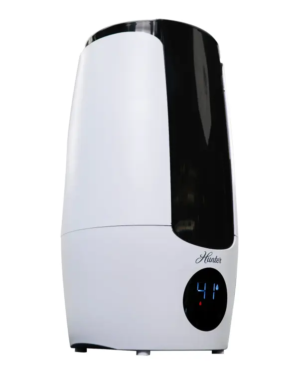 Embrace the future of home comfort with the Hunter Aspire Series 2.2 Gallon Cool Mist Humidifier. Customize your level of humidity with three mist settings and an attachable extension wand with 360-degree dual port nozzle to increase your level of comfort and coverage. The water reservoir also features a water refill indicator making the refill process a breeze. The sleek, modern design comes in black, white, taupe, or graphite, and includes auto-sensing humidity technology and a LED display screen, multiple mist output settings, and an automatic shut off. Features Ultrasonic Operation uses vibration to create cool mist rather than heat. Filter less design makes for easy maintenance. Recommended for living room, bedroom, nursery, bathroom, home office, den, or kitchen. 360 Degree Rotatable Dual port nozzle and extension wand allows for greater reach and customizable mist flow in multiple directions for your environment and preference. Three levels of mist output: low, medium, and high with auto-sensing humidity technology. The 8.3 L (2.2 gal) water tank has a run time of approximately 26 hours at the highest setting before needing to be refilled. This is approximately 324 m L ( 1.34 cups) of vapor output, every hour. Anti-bacterial nanosilver additive in water tank inhibits the growth of bacteria such as E. Coli and Staphylococcus Aureus on the surface of the water tank. LED display and soft touch buttons featuring sleep mode, three mist output settings, timer setting from 0 -12 hours, and an accent light with 5 different color options. Remote control. Essential oils tray (essential oils not included). PLEASE NOTE: IMPORTANT - the nozzle on this humidifier comes off the extension wand and goes on the unit when using without the extension wand. Warranty Hunter provides high quality products guaranteed for the first year. Specs Recommended Room Size: 757 sq. ft. Tank Capacity: 8.3 L (2.2 gal) Product Dimensions: 9.76 x 9.76 x 17.32 inches, 5.9 lbs Shipping Dimensions: 11.5 x 11.5 x 19 inches, 7.65 lbs User Manual User Manual in English - alternate view