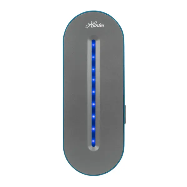 The Hunter HP247AP Plug-in UV Air Sanitizer can reduce airborne germs, remove odors and sanitize the air in your home. It takes up virtually no space and adds style to your outlet with its modern simple design and LED accent light that can be turned on or off when not needed. The UV-C light uses innovative technology to inactivate viruses and other indoor air microorganisms like E. Coli. Each sold separately. Weighs less than a pound (12 ounces)! Features UV-C Air Sanitizing reduces airborne germs and microorganisms, and eliminates odors without harsh chemicals using UV light. Fan draws in air and circulates purified air into your personal space. Conveniently plugs into any 3-prong outlet for virtually no footprint in any room while matching a variety of room decors. Whisper quiet operation. Features an optional LED accent light for ambient lighting, night light, or aesthetic appeal. Specs Product Dimensions 4.5 x 3.75 x 10 inches Product Weight 12 oz UV-C Light Replacement Lasts up to 5000 hours Warranty 1-year limited User Manual User Manual in English Parts Replacement UV-C Bulb H-B247 - alternate view