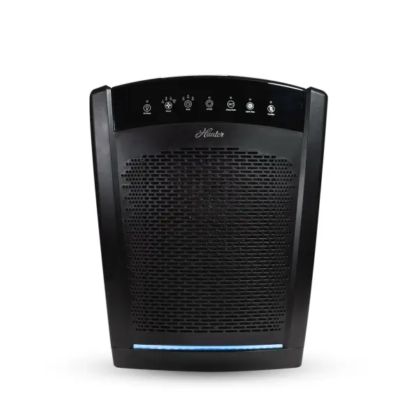 Elevate the air quality in your home large room with the HP850 Large Room HEPA Air Purifier, designed specifically for home large room air purification needs. This high-performance air purifier covers spaces up to 2585 square feet per hour, ensuring that you and your family breathe in nothing but the cleanest and purest air. Equipped with an advanced HEPA air filter, the HP850 efficiently captures 99.97% of airborne particles like dust, pollen, pet dander, VOC's, and smoke, delivering a breath of fresh air and promoting a healthier living environment. Perfect for pet owners, this air purifier excels in removing pet odors and allergens from the air, making it an essential addition for pet lovers looking to maintain a cleaner and fresher atmosphere for both themselves and their beloved companions. With its quiet operation and sleek design, the HP850 seamlessly fits into any room, providing efficient air purification for uninterrupted sleep, focused work, or tranquil relaxation in large spaces. Experience clean and breathable air in your bedroom with our advanced line of air purifiers for home, air purifiers for bedroom, and air purifiers for home pets, designed to efficiently remove airborne pollutants, allergens, and odors for a healthier and more restful sleep. Features 3-STAGE FILTRATION PROCESS: The advanced HEPA air filter integrated into the HP850 is designed to capture 99.97% of airborne particles, including dust, pollen, pet dander, and smoke, delivering a breath of fresh air and promoting a healthier living environment within your home. Enhance the quality of the air in your home, bedrooms, and kitchen through the efficient air purification capabilities of the HP850, creating a more comfortable and health-conscious environment for you and your family. COCONUT CARBON PRE-FILTER AND UV LIGHT: The Coconut Carbon Pre-Filter not only captures larger particles but also excels in eliminating harmful VOC's, stubborn household odors, and pet odors, ensuring a comprehensive air purification experience with the HP850 Large Room HEPA Air Purifier. FASTER CLEANING: Designed to cleanse multiple rooms or even your entire home, spanning up to an impressive 2585 Ft². Rest easy knowing that your air will be refreshed and revitalized up to an astounding 31 times. Hunter HEPA air purifiers for home purify your air with remarkable efficiency. QUIET OPERATION: Hunter air purifiers for bedroom feature a sleep mode with quiet operation at only 37 decibels, ensuring restful sleep without typical air purifier sounds. The bedroom air purifier also features a sleep timer with 3 intervals up to 8 hours. Ideal for bedroom, office, living room. DIGITAL CONTROL PANEL: The Hunter room air purifier features a digital control panel, 4 fan speeds (low, medium, high, turbo), sleep mode, 3 timer intervals options (2, 4, 8 hours), filter replacement indicator, UV mode, and LED accent light. Specs Recommended Room Size 550 Sq. Ft. CADR Ratings Smoke: 355, Dust: 381 Pollen: 460 Product Dimensions 20.75 x 12 x 25 inches; 25.3 pounds Shipping Dimensions 22.25 x15 x 28.75 inches; 31.2 pounds HEPA & Pre Filter Replacement Value Pack: H-HF850-VP Warranty 5-year limited User Manual Download Here