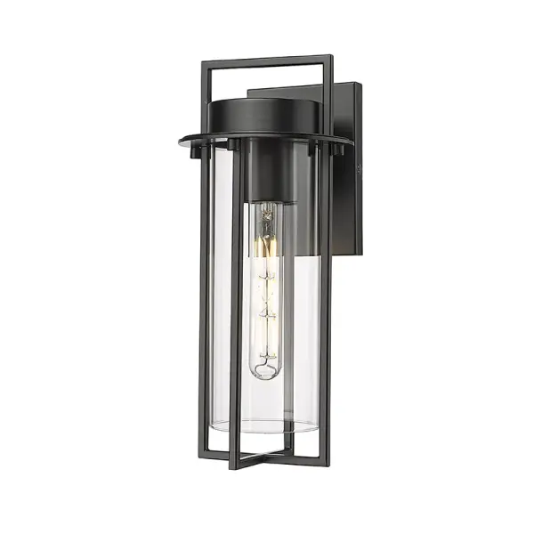 This outdoor wall sconce features a powder coated black finish designed for durability and weather resistance. Its contemporary styling complements modern exteriors while providing reliable outdoor illumination.