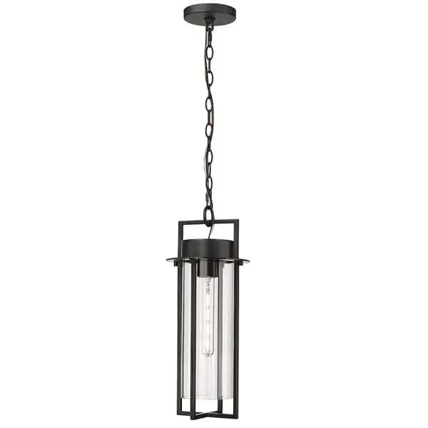 This outdoor wall sconce features a powder coated black finish designed for durability and weather resistance. Its contemporary styling complements modern exteriors while providing reliable outdoor illumination.