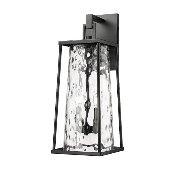 This outdoor wall sconce features a powder coated black finish designed for durability and weather resistance. Its contemporary styling complements modern exteriors while providing reliable outdoor illumination.
