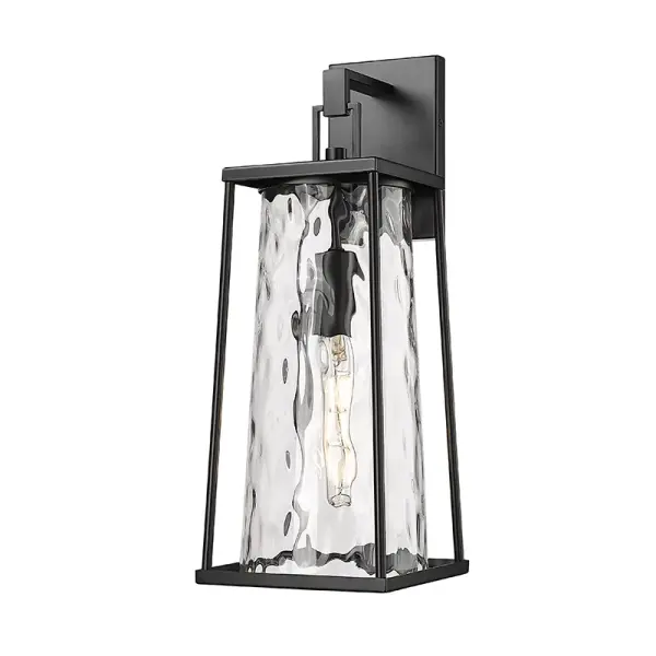 This outdoor wall sconce features a powder coated black finish designed for durability and weather resistance. Its contemporary styling complements modern exteriors while providing reliable outdoor illumination.